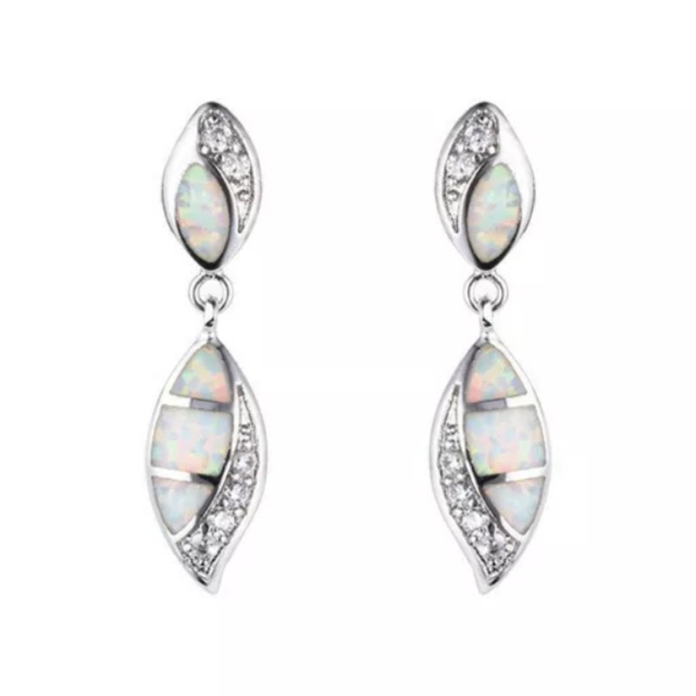 NEW Silver leaf white fire opal earrings